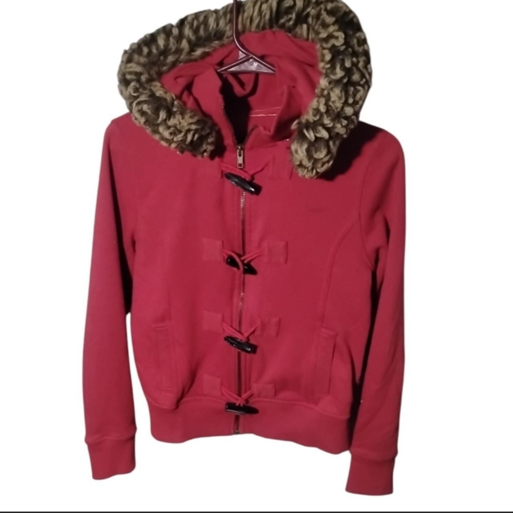 Stylish Red Toggle Primetime Jacket with Faux Fur Hood